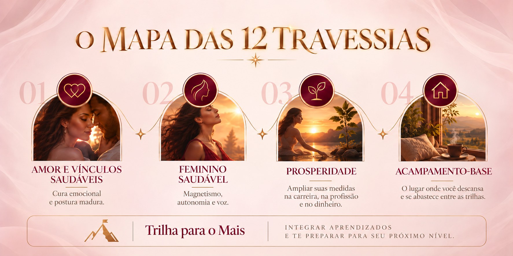 O mapa das 12 travessias: Amor e Vínculos Saudáveis, Feminino Saudável, Prosperidade, Acampamento-Base e Trilha para o Mais