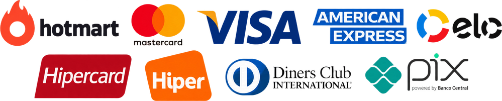 Formas de pagamento: cartões Mastercard, Visa, American Express, Elo, Hipercard, Hiper e Diners, e Pix, pela Hotmart